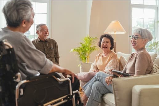 Older adults socialising together in an accessible living space