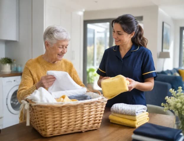 Support worker helping with household laundry