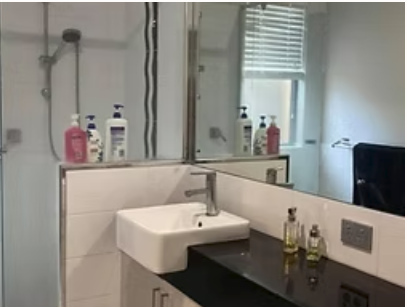 Bathroom vanity with a basin, mirror and walk-in shower